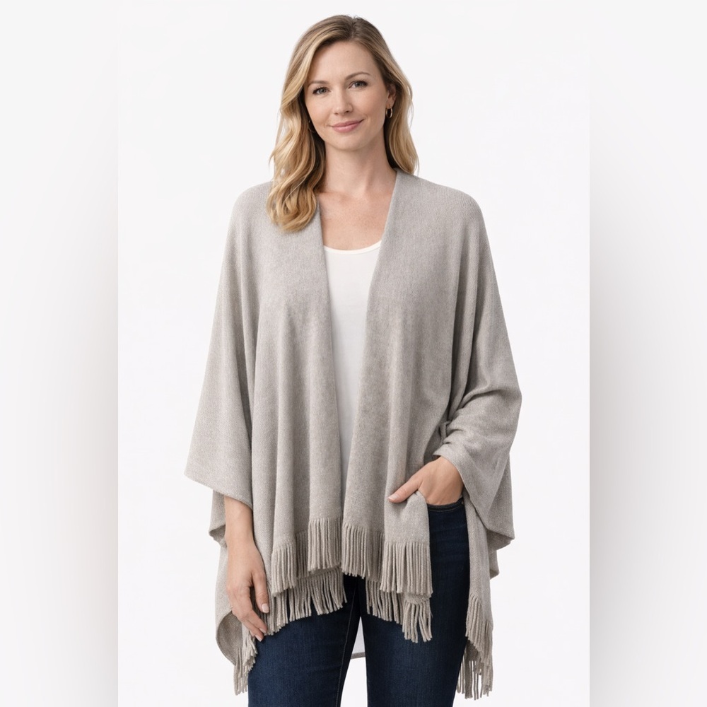 Accent Metallic Knit Fringe Shawl Wrap One Size Silver Gray Open Front NWT